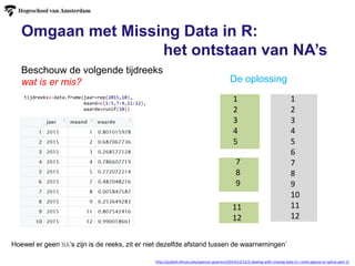 Omgaan met Missing Data in R:
het ontstaan van NA’s
Beschouw de volgende tijdreeks
wat is er mis?
http://publish.illinois.edu/spencer-guerrero/2014/12/11/2-dealing-with-missing-data-in-r-omit-approx-or-spline-part-1/
tijdreeks<-data.frame(jaar=rep(2015,10),
maand=c(1:5,7:9,11:12),
waarde=runif(10))
Hoewel er geen NA’s zijn is de reeks, zit er niet dezelfde afstand tussen de waarnemingen`
1
2
3
4
5
7
8
9
11
12
1
2
3
4
5
6
7
8
9
10
11
12
De oplossing
 