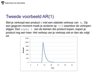 Tweede voorbeeld AR(1)
Stel je verkoopt een product X met een stabiele verkoop van X0. Op
een gegeven moment maak je reclame op t=9 waardoor de verkopen
stijgen. Een alpha % van de klanten die product kopen, kopen je
product nog een keer. Het verloop van je verkoop ziet er dan als volgt
uit.
 