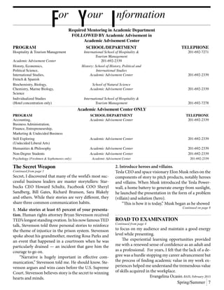 Required Mentoring in Academic Department
FOLLOWED BY Academic Advisement in
Academic Advisement Center
PROGRAM	 SCHOOL/DEPARTMENT	 TELEPHONE
Hospitality & Tourism Management	 International School of Hospitality &	201-692-7271
		 Tourism Management
Academic Advisement Center	201-692-2339
History, Economics,	 History: School of History, Political and
Political Science,	 International Studies
International Studies,	 Academic Advisement Center	201-692-2339
French & Spanish
Biochemistry, Biology,	 School of Natural Science
Chemistry, Marine Biology,	 Academic Advisement Center	201-692-2339
Science
Individualized Studies	 International School of Hospitality &
(Hotel concentration only)	 Tourism Management	 201-692-7278
Academic Advisement Center ONLY
PROGRAM	 SCHOOL/DEPARTMENT	 TELEPHONE
Accounting,	 Academic Advisement Center	201-692-2339
Business Administration,
Finance, Entrepreneurship,
Marketing & Undecided Business
Still Exploring	 Academic Advisement Center	201-692-2339
(Undecided Liberal Arts)
Humanities & Philosophy	 Academic Advisement Center	201-692-2339
Non-Degree Students	 Academic Advisement Center	201-692-2339
Psychology (Freshmen & Sophomores only)	 Academic Advisement Center	201-692-2339
or our nformation
IYF
Spring/Summer 7
ROAD TO EXAMINATION
Continued from page 4
to focus on my audience and maintain a good energy
level while presenting.
	 The experiential learning opportunities provided
me with a renewed sense of confidence as an adult and
as a professional. For years, I felt that the lack of a de-
gree was a hurdle stopping my career advancement but
the process of finding academic value in my work ex-
periences helped me understand the tremendous value
of skills acquired in the workplace.
Evangelina Ocasio, BAIS, February 2015
The Secret Weapon
Continued from page 1
Secret, I discovered that many of the world’s most suc-
cessful business leaders are master storytellers: Star-
bucks CEO Howard Schultz, Facebook COO Sheryl
Sandberg, Bill Gates, Richard Branson, Sara Blakely
and others. While their stories are very different, they
share three common communication habits.
1. Make stories at least 65 percent of your presenta-
tion. Human rights attorney Bryan Stevenson received
TED’s longest standing ovation. In his now famous TED
talk, Stevenson told three personal stories to reinforce
the theme of injustice in the prison system. Stevenson
spoke about his grandmother, meeting Rosa Parks and
an event that happened in a courtroom when he was
particularly drained — an incident that gave him the
courage to go on.
	 “Narrative is hugely important in effective com-
munication,” Stevenson told me. He should know. Ste-
venson argues and wins cases before the U.S. Supreme
Court. Stevenson believes story is the secret to winning
hearts and minds.
2. Introduce heroes and villains.
Tesla CEO and space visionary Elon Musk relies on the
components of story to pitch products, notably heroes
and villains. When Musk introduced the Tesla Power-
wall, a home battery to generate energy from sunlight,
he launched the presentation in the form of a problem
(villain) and solution (hero).
	 “This is how it is today,” Musk began as he showed
Continued on page 8
 