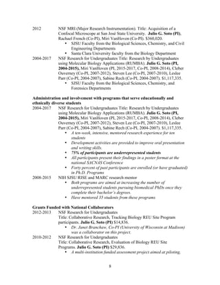 8
2012 NSF MRI (Major Research Instrumentation). Title: Acquisition of a
Confocal Microscope at San José State University. Julio G. Soto (PI),
Rachael French (Co-PI), Miri VanHoven (Co-PI). $360,020.
• SJSU Faculty from the Biological Sciences, Chemistry, and Civil
Engineering Departments
• Santa Clara University faculty from the Biology Department
2004-2017 NSF Research for Undergraduates Title: Research by Undergraduates
using Molecular Biology Applications (RUMBA). Julio G. Soto (PI,
2004-2015), Miri VanHoven (PI, 2015-2017, Co-PI, 2008-2014), Cleber
Ouverney (Co-PI, 2007-2012), Steven Lee (Co-PI, 2007-2010), Leslee
Parr (Co-PI, 2004-2007), Sabine Rech (Co-PI, 2004-2007). $1,117,335.
• SJSU Faculty from the Biological Sciences, Chemistry, and
Forensics Departments
Administration and involvement with programs that serve educationally and
ethnically diverse students
2004-2017 NSF Research for Undergraduates Title: Research by Undergraduates
using Molecular Biology Applications (RUMBA). Julio G. Soto (PI,
2004-2015), Miri VanHoven (PI, 2015-2017, Co-PI, 2008-2014), Cleber
Ouverney (Co-PI, 2007-2012), Steven Lee (Co-PI, 2007-2010), Leslee
Parr (Co-PI, 2004-2007), Sabine Rech (Co-PI, 2004-2007). $1,117,335.
• A ten-week, intensive, mentored research experience for ten
students
• Development activities are provided to improve oral presentation
and writing skills.
• 75% of participants are underrepresented students
• All participants present their findings in a poster format at the
national SACNAS Conference
• Forty percent of past participants are enrolled (or have graduated)
in Ph.D. Programs
2008-2015 NIH SJSU RISE and MARC research mentor
• Both programs are aimed at increasing the number of
underrepresented students pursuing biomedical PhDs once they
complete their bachelor’s degrees.
• Have mentored 35 students from these programs
Grants Funded with National Collaborators
2012-2013 NSF Research for Undergraduates
Title: Collaborative Research, Tracking Biology REU Site Program
participants. Julio G. Soto (PI) $14,836.
• Dr. Janet Branchaw, Co-PI (University of Wisconsin at Madison)
was a collaborator on this project.
2010-2012 NSF Research for Undergraduates
Title: Collaborative Research, Evaluation of Biology REU Site
Programs. Julio G. Soto (PI) $29,836.
• A multi-institution funded assessment project aimed at piloting,
 