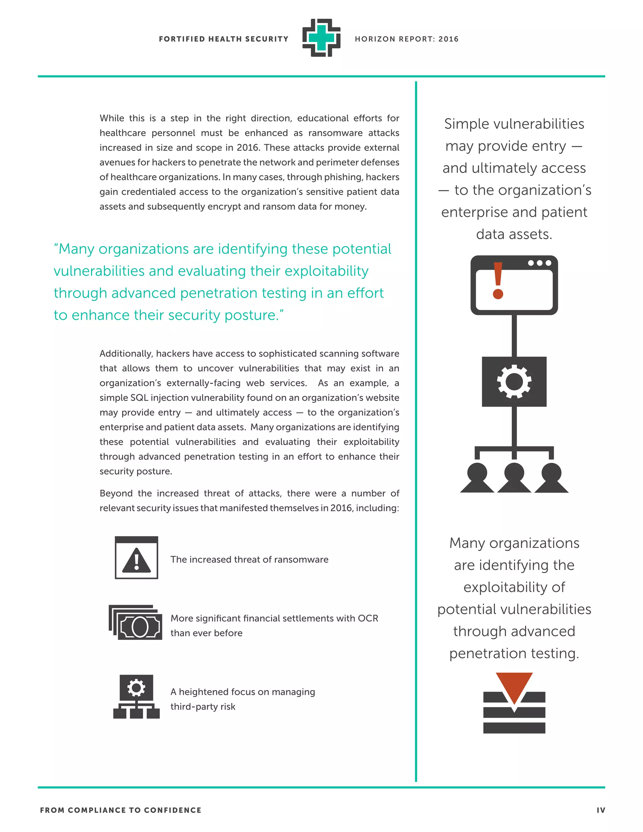 FROM COMPLIANCE TO CONFIDENCE IV
FORTIFIED HEALTH SECURIT Y HORIZON REPORT: 2016
While this is a step in the right direction, educational efforts for
healthcare personnel must be enhanced as ransomware attacks
increased in size and scope in 2016. These attacks provide external
avenues for hackers to penetrate the network and perimeter defenses
of healthcare organizations. In many cases, through phishing, hackers
gain credentialed access to the organization’s sensitive patient data
assets and subsequently encrypt and ransom data for money.
Additionally, hackers have access to sophisticated scanning software
that allows them to uncover vulnerabilities that may exist in an
organization’s externally-facing web services. As an example, a
simple SQL injection vulnerability found on an organization’s website
may provide entry — and ultimately access — to the organization’s
enterprise and patient data assets. Many organizations are identifying
these potential vulnerabilities and evaluating their exploitability
through advanced penetration testing in an effort to enhance their
security posture.
Beyond the increased threat of attacks, there were a number of
relevant security issues that manifested themselves in 2016, including:
The increased threat of ransomware
More signiﬁcant ﬁnancial settlements with OCR
than ever before
A heightened focus on managing
third-party risk
Simple vulnerabilities
may provide entry —
and ultimately access
— to the organization’s
enterprise and patient
data assets.
Many organizations
are identifying the
exploitability of
potential vulnerabilities
through advanced
penetration testing.
“Many organizations are identifying these potential
vulnerabilities and evaluating their exploitability
through advanced penetration testing in an effort
to enhance their security posture.”
 