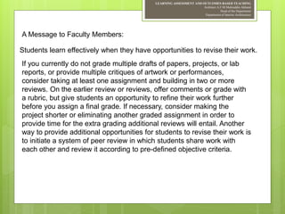 LEARNING ASSESSMENT AND OUTCOMES-BASED TEACHING
Architect A.F.M.Mohiuddin Akhand
Head of the Department
Department of Interior Architecture
A Message to Faculty Members:
Students learn effectively when they have opportunities to revise their work.
If you currently do not grade multiple drafts of papers, projects, or lab
reports, or provide multiple critiques of artwork or performances,
consider taking at least one assignment and building in two or more
reviews. On the earlier review or reviews, offer comments or grade with
a rubric, but give students an opportunity to refine their work further
before you assign a final grade. If necessary, consider making the
project shorter or eliminating another graded assignment in order to
provide time for the extra grading additional reviews will entail. Another
way to provide additional opportunities for students to revise their work is
to initiate a system of peer review in which students share work with
each other and review it according to pre-defined objective criteria.
 