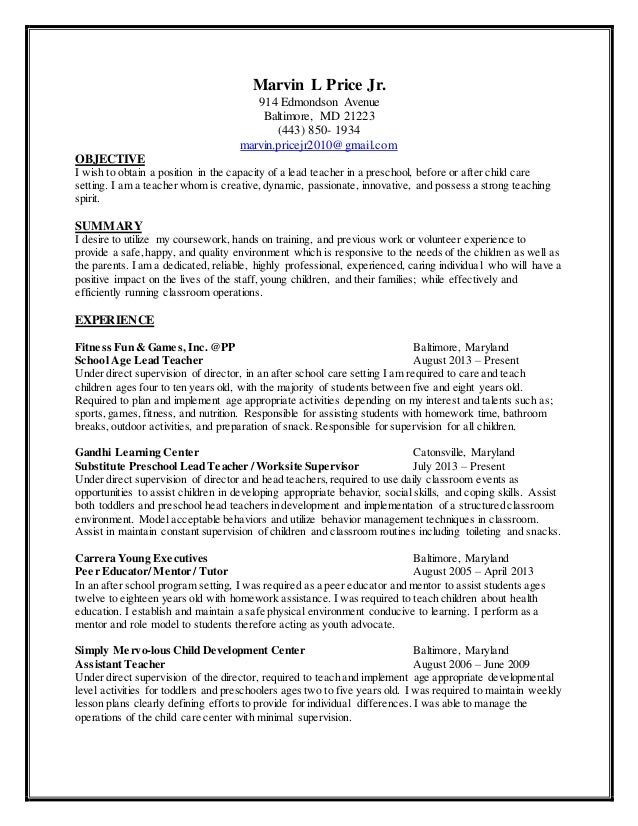 objective statement childcare resume