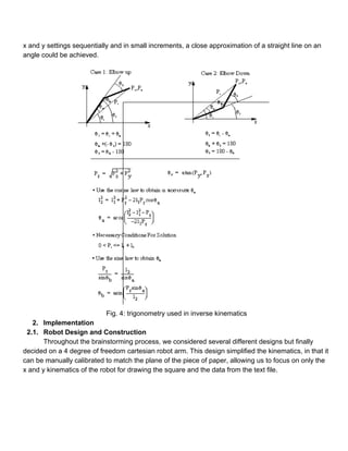 x and y settings sequentially and in small increments, a close approximation of a straight line on an 
angle could be achieved.  
 
Fig. 4: trigonometry used in inverse kinematics 
2. Implementation 
2.1. Robot Design and Construction 
Throughout the brainstorming process, we considered several different designs but finally 
decided on a 4 degree of freedom cartesian robot arm. This design simplified the kinematics, in that it 
can be manually calibrated to match the plane of the piece of paper, allowing us to focus on only the 
x and y kinematics of the robot for drawing the square and the data from the text file.   
 