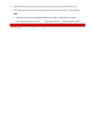 • April 08-Sept 09 moved inherited distressed territory from a portfolio attainment of 90% to 97%
• April 2008 (started in territory)-Dec 2009 increased percent to quota from 86% to 120% for Byetta
2008
• Started in Territory in May 2008 hired March 31st
, 2008. In the field for 4 months
(July- Sept) Quarter Rank: 243/489 Byetta: Rank 404/489 /Humalog: Rank 243/489
Promotion Approved Yes No
 