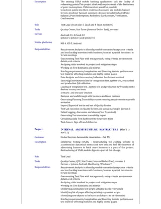 Description The existing USAA mobile banking applications lack the facility of
redeeming points.This project deals with replacement of the limitations
of point redemptions. USAA member would be possible
to redeem points into their credit card accounts via mobile channel
Screens involved: Account summary, Account details (includes Point
balance),Point Redemption, Redeem to Card account, Verification,
Confirmation
Role Test Lead (Team size :1 Lead and 4 Team members)
Tools
Devices
Mobile platforms
Quality Center,Star Team (InternalDefect Tool), version 1
Android 2.1, 2.2 and 2.3
Iphone 4, Iphone 5 and Iphone 4S
IOS 4, IOS 5, Android
Responsibilities Requirement Analysis to identify possible scenarios/acceptance criteria
and test backlog insertions with business/team as a part of Iterations in
Scrum meetings
Documenting Test Plan with test approach, entry criteria, environment
details, exit criteria
Analyzing risks involved in project and mitigation steps
Working on Test Estimates and metrics
Briefing requirements/complexities and Diverting tests to performance
test team for affecting modules and highly visited pages
Data Analysis and data creation/collection for the test involved
Ensuring Environmentalset for integration test, system test, release test
and production QA validation
Loading of integration test , system test and production APP builds on the
devices to carry out tests
Scenario and test case creation
Reviews and walkthrough with business and team reviews
Generating Planning Traceability report ensuring requirements map with
scenarios
Import/Export of test in and out of Quality Center
Test Lab execution on Quality Center and status marking in Version 1
Defect Logging, discussion and closure(Star Team tool)
Generating Test execution traceability report
Circulating daily Test dashboard to the project team
Test closure, Sign offs and deliveries
Project INTERNAL ARCHITECHTURE RESTRUCTURE (Mar ‘11 -
Nov’11)
Customer United Services Automobile Association – SA, TX
Description Enterprise Testing (USAA) – Restructuring the existing website to
accommodate dynamical menus and new look and feel. The insertion of
advertising banners to fetch more business is a part of this project.
Restructuring of USAA mobile Apps is a part of this change.
Role Test Lead
Tools Quality Center,QTP, Star Team (InternalDefect Tool), version 1
Devices – Iphone,Android, Blackberry, Windows 7
Responsibilities Requirement Analysis to identify possible scenarios/acceptance criteria
and test backlog insertions with business/team as a part of Iterationsin
Scrum meetings
Documenting Test Plan with test approach, entry criteria, environment
details, exit criteria
Analyzing risks involved in project and mitigation steps
Working on Test Estimates and metrics
Identifying automation test scripts affected due torestructure
Identifying list of pages affecting existing regression scripts
Identifying newobjects to be learnt and objects to be eliminated
Briefing requirements/complexities and Diverting tests to performance
test team for affecting modules and highly visited pages
 