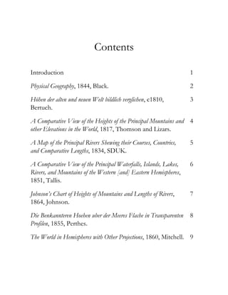 Contents
Introduction 1
Physical Geography, 1844, Black. 2
Höhen der alten und neuen Welt bildlich verglichen, c1810,
Bertuch.
3
A Comparative View of the Heights of the Principal Mountains and
other Elevations in the World, 1817, Thomson and Lizars.
4
A Map of the Principal Rivers Shewing their Courses, Countries,
and Comparative Lengths, 1834, SDUK.
5
A Comparative View of the Principal Waterfalls, Islands, Lakes,
Rivers, and Mountains of the Western [and] Eastern Hemispheres,
1851, Tallis.
6
Johnson’s Chart of Heights of Mountains and Lengths of Rivers,
1864, Johnson.
7
Die Benkannteren Hoehen uber der Meeres Flache in Transparenten
Profilen, 1855, Perthes.
8
The World in Hemispheres with Other Projections, 1860, Mitchell. 9
 