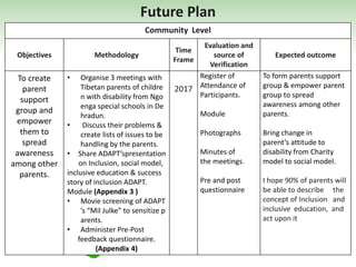 Community Level
Objectives Methodology
Time
Frame
Evaluation and
source of
Verification
Expected outcome
To create
parent
support
group and
empower
them to
spread
awareness
among other
parents.
• Organise 3 meetings with
Tibetan parents of childre
n with disability from Ngo
enga special schools in De
hradun.
• Discuss their problems &
create lists of issues to be
handling by the parents.
• Share ADAPT’spresentation
on Inclusion, social model,
inclusive education & success
story of inclusion ADAPT.
Module (Appendix 3 )
• Movie screening of ADAPT
’s “Mil Julke” to sensitize p
arents.
• Administer Pre-Post
feedback questionnaire.
(Appendix 4)
2017
Register of
Attendance of
Participants.
Module
Photographs
Minutes of
the meetings.
Pre and post
questionnaire
To form parents support
group & empower parent
group to spread
awareness among other
parents.
Bring change in
parent’s attitude to
disability from Charity
model to social model.
I hope 90% of parents will
be able to describe the
concept of Inclusion and
inclusive education, and
act upon it
Future Plan
 