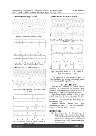 S. Mohaddeesh Int. Journal of Engineering Research and Applications www.ijera.com 
ISSN : 2248-9622, Vol. 4, Issue 8( Version 4), August 2014, pp.12-17 
www.ijera.com 16 | P a g e 
3.4 When no Fault in Power System 
Fig.6.1: Line Voltage & Phase Current 
Fig.6.2: High Freq. Details of A, B, C Currents 
3.5 When Fault in phase ‘A’ with ground 
Fig.6.3: Line Voltage & Phase Current when phase „A‟ fault 
Fig.6.4: High Freq. Details of A, B, C Currents in phase „A‟ Fault 
3.6 When Fault in Phase (B) & Phase (C) 
Fig.6.5: Line Voltage & Phase Current when phase „B‟ & Phase „C‟ fault 
Fig.6.5: High Freq. Details of A, B, C Currents in phase „B‟ & Phase „C‟ Fault The parameters of Relay element is shown in Table-2 and these are nothing but threshold values which are calculated in algorithm. 
VII. CONCLUSION 
For reliable operation of power system, continuity in transmission of electricity from generating station to load centre is must, in general so many faults are occurred in transmission system. In order to maintain stability we have to make use of relay element which disconnects the faulty sections until the fault is cleared, for proper operation of relay we pre-determine the fault levels i.e. parameters of relay. 
Discrete Wavelet Transform have certain advantages over there, vig. Less time required for detection of fault and accuracy concern. REFERENCES [1] K. Sarvanababu, P. Balakrishnan, K. Sathiyasekar, “Transmission line Faults detection, Classification and locating using Discrete Wavelet Transform”. International Conference on Power, Energy and Control (ICPEC) 2013.  