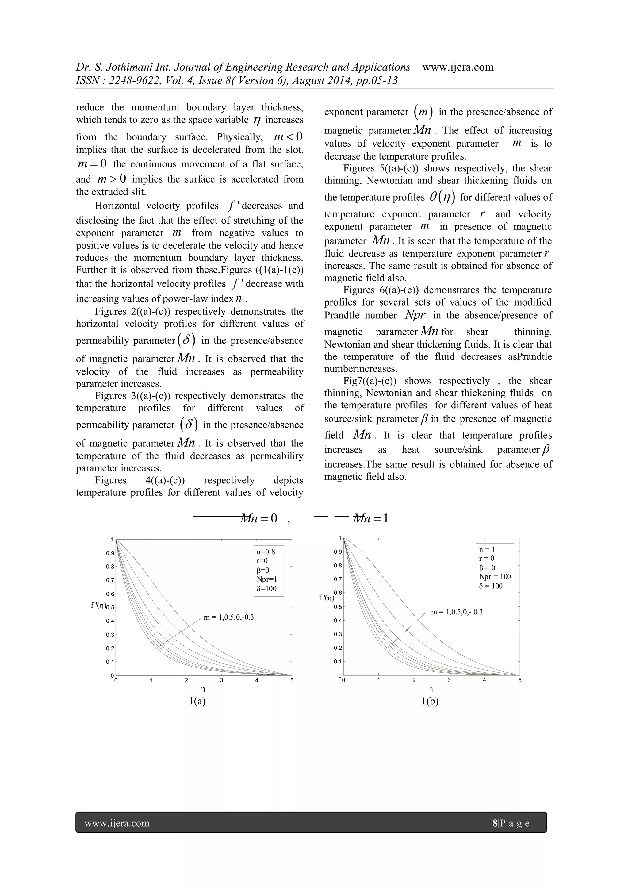 Dr. S. Jothimani Int. Journal of Engineering Research and Applications www.ijera.com 
ISSN : 2248-9622, Vol. 4, Issue 8( Version 6), August 2014, pp.05-13 
www.ijera.com 8|P a g e 
reduce the momentum boundary layer thickness, 
which tends to zero as the space variable  increases 
from the boundary surface. Physically, m  0 
implies that the surface is decelerated from the slot, 
m  0 the continuous movement of a flat surface, 
and m  0 implies the surface is accelerated from 
the extruded slit. 
Horizontal velocity profiles f ' decreases and 
disclosing the fact that the effect of stretching of the 
exponent parameter m from negative values to 
positive values is to decelerate the velocity and hence 
reduces the momentum boundary layer thickness. 
Further it is observed from these,Figures ((1(a)-1(c)) 
that the horizontal velocity profiles f ' decrease with 
increasing values of power-law index n . 
Figures 2((a)-(c)) respectively demonstrates the 
horizontal velocity profiles for different values of 
permeability parameter   in the presence/absence 
of magnetic parameter Mn . It is observed that the 
velocity of the fluid increases as permeability 
parameter increases. 
Figures 3((a)-(c)) respectively demonstrates the 
temperature profiles for different values of 
permeability parameter   in the presence/absence 
of magnetic parameter Mn . It is observed that the 
temperature of the fluid decreases as permeability 
parameter increases. 
Figures 4((a)-(c)) respectively depicts 
temperature profiles for different values of velocity 
exponent parameter m in the presence/absence of 
magnetic parameter Mn . The effect of increasing 
values of velocity exponent parameter m is to 
decrease the temperature profiles. 
Figures 5((a)-(c)) shows respectively, the shear 
thinning, Newtonian and shear thickening fluids on 
the temperature profiles    for different values of 
temperature exponent parameter r and velocity 
exponent parameter m in presence of magnetic 
parameter Mn . It is seen that the temperature of the 
fluid decrease as temperature exponent parameter r 
increases. The same result is obtained for absence of 
magnetic field also. 
Figures 6((a)-(c)) demonstrates the temperature 
profiles for several sets of values of the modified 
Prandtle number Npr in the absence/presence of 
magnetic parameter Mn for shear thinning, 
Newtonian and shear thickening fluids. It is clear that 
the temperature of the fluid decreases asPrandtle 
numberincreases. 
Fig7((a)-(c)) shows respectively , the shear 
thinning, Newtonian and shear thickening fluids on 
the temperature profiles for different values of heat 
source/sink parameter  in the presence of magnetic 
field Mn . It is clear that temperature profiles 
increases as heat source/sink parameter  
increases.The same result is obtained for absence of 
magnetic field also. 
Mn  0 , Mn 1 
1(a) 1(b) 
0 1 2 3 4 5 
0 
0.1 
0.2 
0.3 
0.4 
0.5 
0.6 
0.7 
0.8 
0.9 
1 
 
f '() 
n=0.8 
r=0 
=0 
Npr=1 
=100 
m = 1,0.5,0,-0.3 
0 1 2 3 4 5 
0 
0.1 
0.2 
0.3 
0.4 
0.5 
0.6 
0.7 
0.8 
0.9 
1 
 
f '() 
m = 1,0.5,0,- 0.3 
n = 1 
r = 0 
 = 0 
Npr = 100 
 = 100 
 