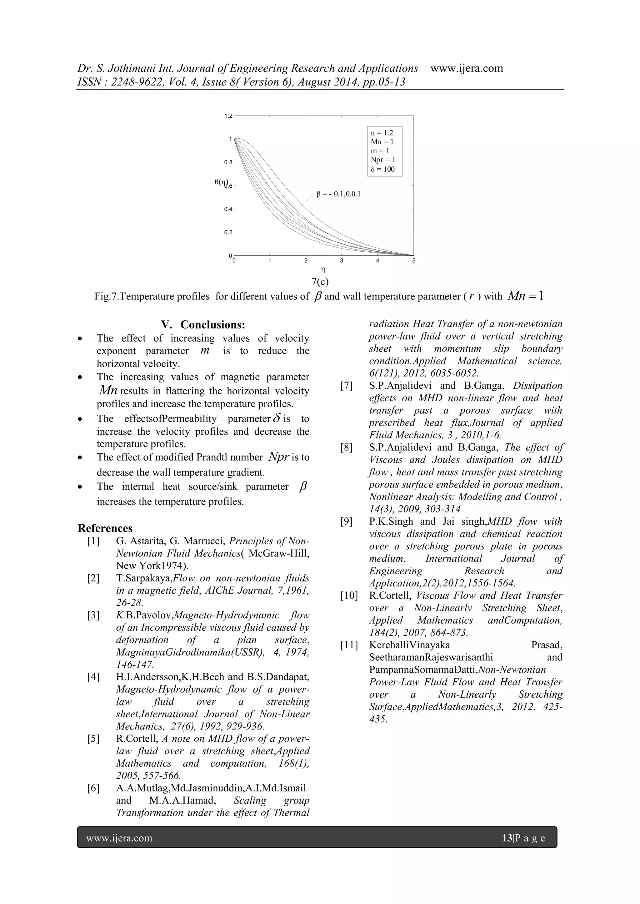 Dr. S. Jothimani Int. Journal of Engineering Research and Applications www.ijera.com 
ISSN : 2248-9622, Vol. 4, Issue 8( Version 6), August 2014, pp.05-13 
www.ijera.com 13|P a g e 
7(c) 
Fig.7.Temperature profiles for different values of  and wall temperature parameter ( r ) with Mn 1 
V. Conclusions: 
 The effect of increasing values of velocity 
exponent parameter m is to reduce the 
horizontal velocity. 
 The increasing values of magnetic parameter 
Mn results in flattering the horizontal velocity 
profiles and increase the temperature profiles. 
 The effectsofPermeability parameter is to 
increase the velocity profiles and decrease the 
temperature profiles. 
 The effect of modified Prandtl number Npr is to 
decrease the wall temperature gradient. 
 The internal heat source/sink parameter  
increases the temperature profiles. 
References 
[1] G. Astarita, G. Marrucci, Principles of Non- 
Newtonian Fluid Mechanics( McGraw-Hill, 
New York1974). 
[2] T.Sarpakaya,Flow on non-newtonian fluids 
in a magnetic field, AIChE Journal, 7,1961, 
26-28. 
[3] K.B.Pavolov,Magneto-Hydrodynamic flow 
of an Incompressible viscous fluid caused by 
deformation of a plan surface, 
MagninayaGidrodinamika(USSR), 4, 1974, 
146-147. 
[4] H.I.Andersson,K.H.Bech and B.S.Dandapat, 
Magneto-Hydrodynamic flow of a power-law 
fluid over a stretching 
sheet,International Journal of Non-Linear 
Mechanics, 27(6), 1992, 929-936. 
[5] R.Cortell, A note on MHD flow of a power-law 
fluid over a stretching sheet,Applied 
Mathematics and computation, 168(1), 
2005, 557-566. 
[6] A.A.Mutlag,Md.Jasminuddin,A.I.Md.Ismail 
and M.A.A.Hamad, Scaling group 
Transformation under the effect of Thermal 
radiation Heat Transfer of a non-newtonian 
power-law fluid over a vertical stretching 
sheet with momentum slip boundary 
condition,Applied Mathematical science, 
6(121), 2012, 6035-6052. 
[7] S.P.Anjalidevi and B.Ganga, Dissipation 
effects on MHD non-linear flow and heat 
transfer past a porous surface with 
prescribed heat flux,Journal of applied 
Fluid Mechanics, 3 , 2010,1-6. 
[8] S.P.Anjalidevi and B.Ganga, The effect of 
Viscous and Joules dissipation on MHD 
flow , heat and mass transfer past stretching 
porous surface embedded in porous medium, 
Nonlinear Analysis: Modelling and Control , 
14(3), 2009, 303-314 
[9] P.K.Singh and Jai singh,MHD flow with 
viscous dissipation and chemical reaction 
over a stretching porous plate in porous 
medium, International Journal of 
Engineering Research and 
Application,2(2),2012,1556-1564. 
[10] R.Cortell, Viscous Flow and Heat Transfer 
over a Non-Linearly Stretching Sheet, 
Applied Mathematics andComputation, 
184(2), 2007, 864-873. 
[11] KerehalliVinayaka Prasad, 
SeetharamanRajeswarisanthi and 
PampannaSomannaDatti,Non-Newtonian 
Power-Law Fluid Flow and Heat Transfer 
over a Non-Linearly Stretching 
Surface,AppliedMathematics,3, 2012, 425- 
435. 
0 1 2 3 4 5 
0 
0.2 
0.4 
0.6 
0.8 
1 
1.2 
 
() 
 = - 0.1,0,0.1 
n = 1.2 
Mn = 1 
m = 1 
Npr = 1 
 = 100 
