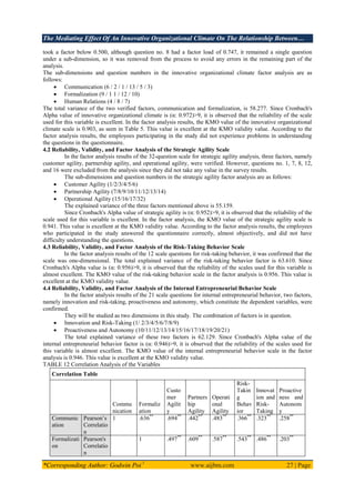 The Mediating Effect Of An Innovative Organizational Climate On The Relationship Between…
*Corresponding Author: Godwin Poi 1
www.aijbm.com 27 | Page
took a factor below 0.500, although question no. 8 had a factor load of 0.747, it remained a single question
under a sub-dimension, so it was removed from the process to avoid any errors in the remaining part of the
analysis.
The sub-dimensions and question numbers in the innovative organizational climate factor analysis are as
follows:
 Communication (6 / 2 / 1 / 13 / 5 / 3)
 Formalization (9 / 1 1 / 12 / 10)
 Human Relations (4 / 8 / 7)
The total variance of the two verified factors, communication and formalization, is 58.277. Since Cronbach's
Alpha value of innovative organizational climate is (α: 0.972)>9, it is observed that the reliability of the scale
used for this variable is excellent. In the factor analysis results, the KMO value of the innovative organizational
climate scale is 0.903, as seen in Table 5. This value is excellent at the KMO validity value. According to the
factor analysis results, the employees participating in the study did not experience problems in understanding
the questions in the questionnaire.
4.2 Reliability, Validity, and Factor Analysis of the Strategic Agility Scale
In the factor analysis results of the 32-question scale for strategic agility analysis, three factors, namely
customer agility, partnership agility, and operational agility, were verified. However, questions no. 1, 7, 8, 12,
and 16 were excluded from the analysis since they did not take any value in the survey results.
The sub-dimensions and question numbers in the strategic agility factor analysis are as follows:
 Customer Agility (1/2/3/4/5/6)
 Partnership Agility (7/8/9/10/11/12/13/14)
 Operational Agility (15/16/17/32)
The explained variance of the three factors mentioned above is 55.159.
Since Cronbach's Alpha value of strategic agility is (α: 0.952)>9, it is observed that the reliability of the
scale used for this variable is excellent. In the factor analysis, the KMO value of the strategic agility scale is
0.941. This value is excellent at the KMO validity value. According to the factor analysis results, the employees
who participated in the study answered the questionnaire correctly, almost objectively, and did not have
difficulty understanding the questions.
4.3 Reliability, Validity, and Factor Analysis of the Risk-Taking Behavior Scale
In the factor analysis results of the 12 scale questions for risk-taking behavior, it was confirmed that the
scale was one-dimensional. The total explained variance of the risk-taking behavior factor is 63.610. Since
Cronbach's Alpha value is (α: 0.956)>9, it is observed that the reliability of the scales used for this variable is
almost excellent. The KMO value of the risk-taking behavior scale in the factor analysis is 0.956. This value is
excellent at the KMO validity value.
4.4 Reliability, Validity, and Factor Analysis of the Internal Entrepreneurial Behavior Scale
In the factor analysis results of the 21 scale questions for internal entrepreneurial behavior, two factors,
namely innovation and risk-taking, proactiveness and autonomy, which constitute the dependent variables, were
confirmed.
They will be studied as two dimensions in this study. The combination of factors is in question.
 Innovation and Risk-Taking (1/ 2/3/4/5/6/7/8/9)
 Proactiveness and Autonomy (10/11/12/13/14/15/16/17/18/19/20/21)
The total explained variance of these two factors is 62.129. Since Cronbach's Alpha value of the
internal entrepreneurial behavior factor is (α: 0.946)>9, it is observed that the reliability of the scales used for
this variable is almost excellent. The KMO value of the internal entrepreneurial behavior scale in the factor
analysis is 0.946. This value is excellent at the KMO validity value.
TABLE 12 Correlation Analysis of the Variables
Correlation Table
Commu
nication
Formaliz
ation
Custo
mer
Agilit
y
Partners
hip
Agility
Operati
onal
Agility
Risk-
Takin
g
Behav
ior
Innovat
ion and
Risk-
Taking
Proactive
ness and
Autonom
y
Communic
ation
Pearson’s
Correlatio
n
1 .636**
.694**
.442**
.483**
.366**
.323**
.258**
Formalizati
on
Pearson's
Correlatio
n
1 .497**
.609**
.587**
.543**
.486**
.203**
 