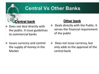  Does not deal directly with
the public. It issue guidelines
to commercial banks
 Deals directly with the Public. It
serves the financial requirement
of the public
 Issues currency and control
the supply of money in the
Market
 Does not Issue currency, but
only adds to the approval of the
central bank
Central bank Other bank
Central Vs Other Banks
 