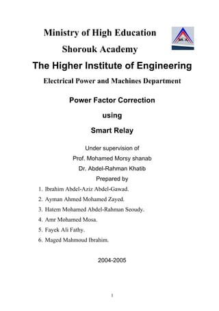 1
Ministry of High Education
Shorouk Academy
The Higher Institute of Engineering
Electrical Power and Machines Department
Power Factor Correction
using
Smart Relay
Under supervision of
Prof. Mohamed Morsy shanab
Dr. Abdel-Rahman Khatib
Prepared by
1. Ibrahim Abdel-Aziz Abdel-Gawad.
2. Ayman Ahmed Mohamed Zayed.
3. Hatem Mohamed Abdel-Rahman Seoudy.
4. Amr Mohamed Mosa.
5. Fayek Ali Fathy.
6. Maged Mahmoud Ibrahim.
2004-2005
 