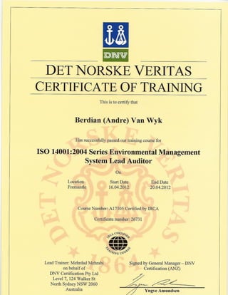 Lead Auditor ISO 14001 Environmntal Systems -DNV