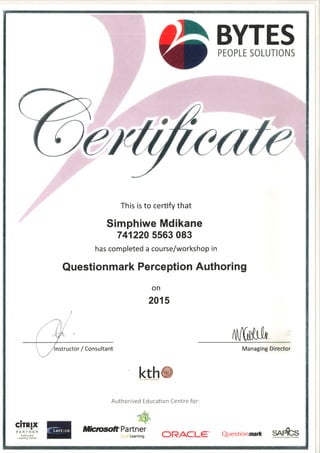QuestionMark Perception Authoring Certificate of attendance
