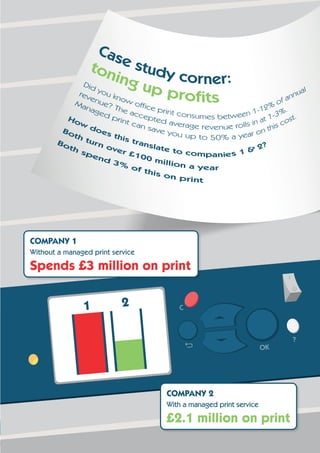 1 2
OK
C
?
COMPANY 2
With a managed print service
£2.1 million on print
COMPANY 1
Without a managed print service
Spends £3 million on print
 
