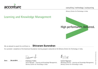 Delivery Centers for Technology in India
Date: Prabhakara Prabhu
Senior Manager - Learning and Knowledge Management,
Delivery Centers for Technology in India
Susheel Nagarajan
Managing Director - Learning and Knowledge Management,
Delivery Centers for Technology in India
We are pleased to award this certificate to
for successful completion of the Accenture Foundation training program conducted at the Delivery Centers for Technology in India.
Learning and Knowledge Management
©2014AccentureAllrightsreserved.
Shivaram Surendran
28-Jul-2014
 