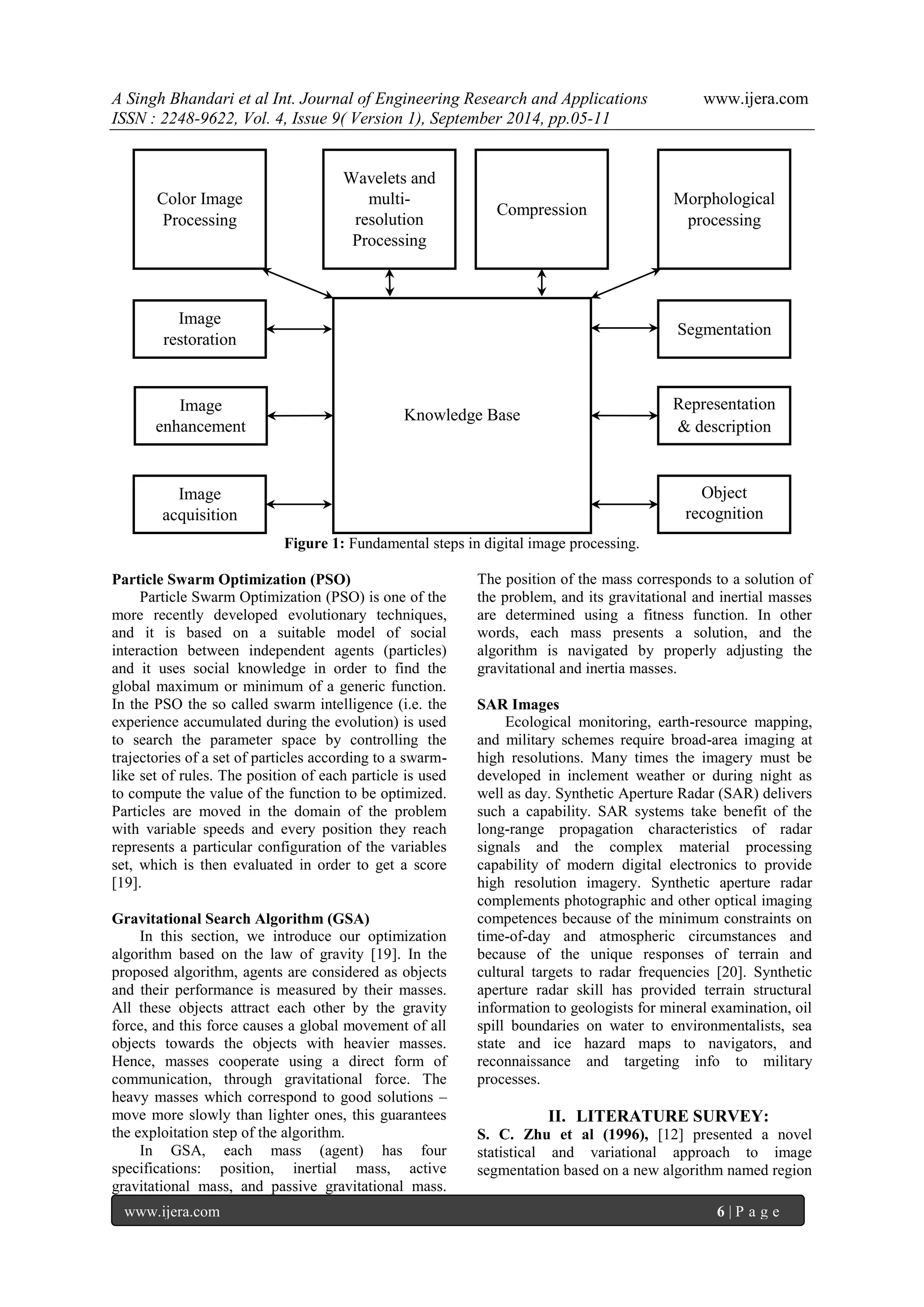 A Singh Bhandari et al Int. Journal of Engineering Research and Applications www.ijera.com 
ISSN : 2248-9622, Vol. 4, Issue 9( Version 1), September 2014, pp.05-11 
www.ijera.com 6 | P a g e 
Figure 1: Fundamental steps in digital image processing. 
Particle Swarm Optimization (PSO) 
Particle Swarm Optimization (PSO) is one of the more recently developed evolutionary techniques, and it is based on a suitable model of social interaction between independent agents (particles) and it uses social knowledge in order to find the global maximum or minimum of a generic function. In the PSO the so called swarm intelligence (i.e. the experience accumulated during the evolution) is used to search the parameter space by controlling the trajectories of a set of particles according to a swarm- like set of rules. The position of each particle is used to compute the value of the function to be optimized. Particles are moved in the domain of the problem with variable speeds and every position they reach represents a particular configuration of the variables set, which is then evaluated in order to get a score [19]. 
Gravitational Search Algorithm (GSA) 
In this section, we introduce our optimization algorithm based on the law of gravity [19]. In the proposed algorithm, agents are considered as objects and their performance is measured by their masses. All these objects attract each other by the gravity force, and this force causes a global movement of all objects towards the objects with heavier masses. Hence, masses cooperate using a direct form of communication, through gravitational force. The heavy masses which correspond to good solutions – move more slowly than lighter ones, this guarantees the exploitation step of the algorithm. 
In GSA, each mass (agent) has four specifications: position, inertial mass, active gravitational mass, and passive gravitational mass. The position of the mass corresponds to a solution of the problem, and its gravitational and inertial masses are determined using a fitness function. In other words, each mass presents a solution, and the algorithm is navigated by properly adjusting the gravitational and inertia masses. 
SAR Images 
Ecological monitoring, earth-resource mapping, and military schemes require broad-area imaging at high resolutions. Many times the imagery must be developed in inclement weather or during night as well as day. Synthetic Aperture Radar (SAR) delivers such a capability. SAR systems take benefit of the long-range propagation characteristics of radar signals and the complex material processing capability of modern digital electronics to provide high resolution imagery. Synthetic aperture radar complements photographic and other optical imaging competences because of the minimum constraints on time-of-day and atmospheric circumstances and because of the unique responses of terrain and cultural targets to radar frequencies [20]. Synthetic aperture radar skill has provided terrain structural information to geologists for mineral examination, oil spill boundaries on water to environmentalists, sea state and ice hazard maps to navigators, and reconnaissance and targeting info to military processes. 
II. LITERATURE SURVEY: 
S. C. Zhu et al (1996), [12] presented a novel statistical and variational approach to image segmentation based on a new algorithm named region 
Knowledge Base 
Image restoration 
Image enhancement 
Image acquisition 
Segmentation 
Representation 
& description 
Object recognition 
Color Image Processing 
Wavelets and multi- resolution Processing 
Morphological processing 
Compression  