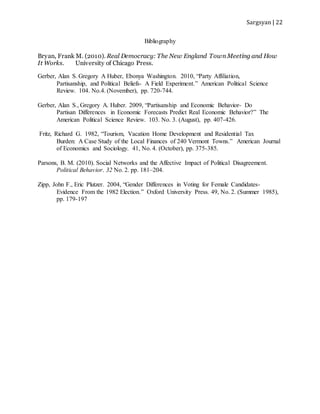 Sargsyan | 22
Bibliography
Bryan, Frank M. (2010). Real Democracy: The New England Town Meeting and How
It Works. University of Chicago Press.
Gerber, Alan S. Gregory A Huber, Ebonya Washington. 2010, “Party Affiliation,
Partisanship, and Political Beliefs- A Field Experiment.” American Political Science
Review. 104. No.4. (November), pp. 720-744.
Gerber, Alan S., Gregory A. Huber. 2009, “Partisanship and Economic Behavior- Do
Partisan Differences in Economic Forecasts Predict Real Economic Behavior?” The
American Political Science Review. 103. No. 3. (August), pp. 407-426.
Fritz, Richard G. 1982, “Tourism, Vacation Home Development and Residential Tax
Burden: A Case Study of the Local Finances of 240 Vermont Towns.” American Journal
of Economics and Sociology. 41, No. 4. (October), pp. 375-385.
Parsons, B. M. (2010). Social Networks and the Affective Impact of Political Disagreement.
Political Behavior. 32 No. 2. pp. 181–204.
Zipp, John F., Eric Plutzer. 2004, “Gender Differences in Voting for Female Candidates-
Evidence From the 1982 Election.” Oxford University Press. 49, No. 2. (Summer 1985),
pp. 179-197
 