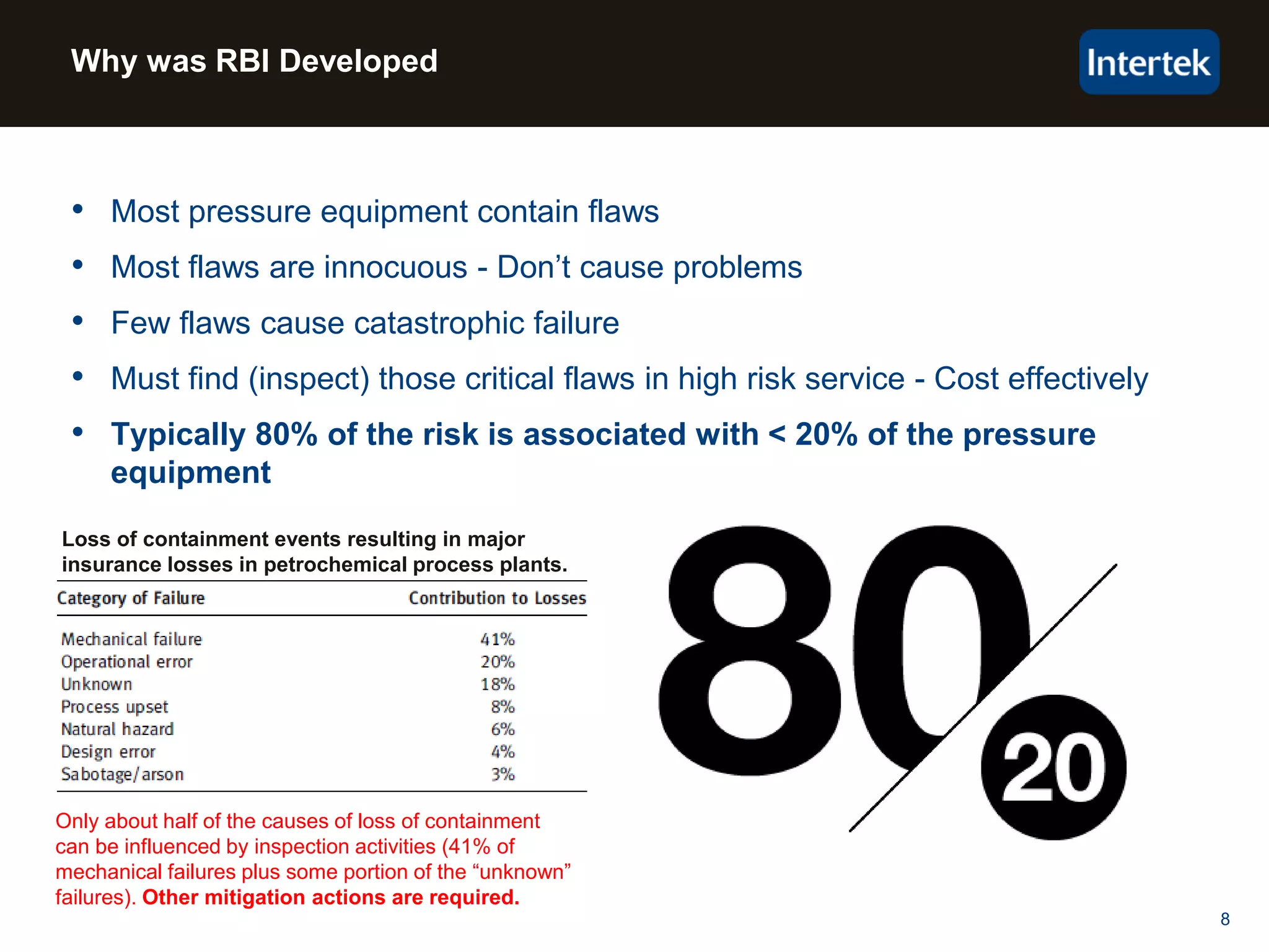8
Why was RBI Developed
• Most pressure equipment contain flaws
• Most flaws are innocuous - Don’t cause problems
• Few flaws cause catastrophic failure
• Must find (inspect) those critical flaws in high risk service - Cost effectively
• Typically 80% of the risk is associated with < 20% of the pressure
equipment
Loss of containment events resulting in major
insurance losses in petrochemical process plants.
Only about half of the causes of loss of containment
can be influenced by inspection activities (41% of
mechanical failures plus some portion of the “unknown”
failures). Other mitigation actions are required.
 