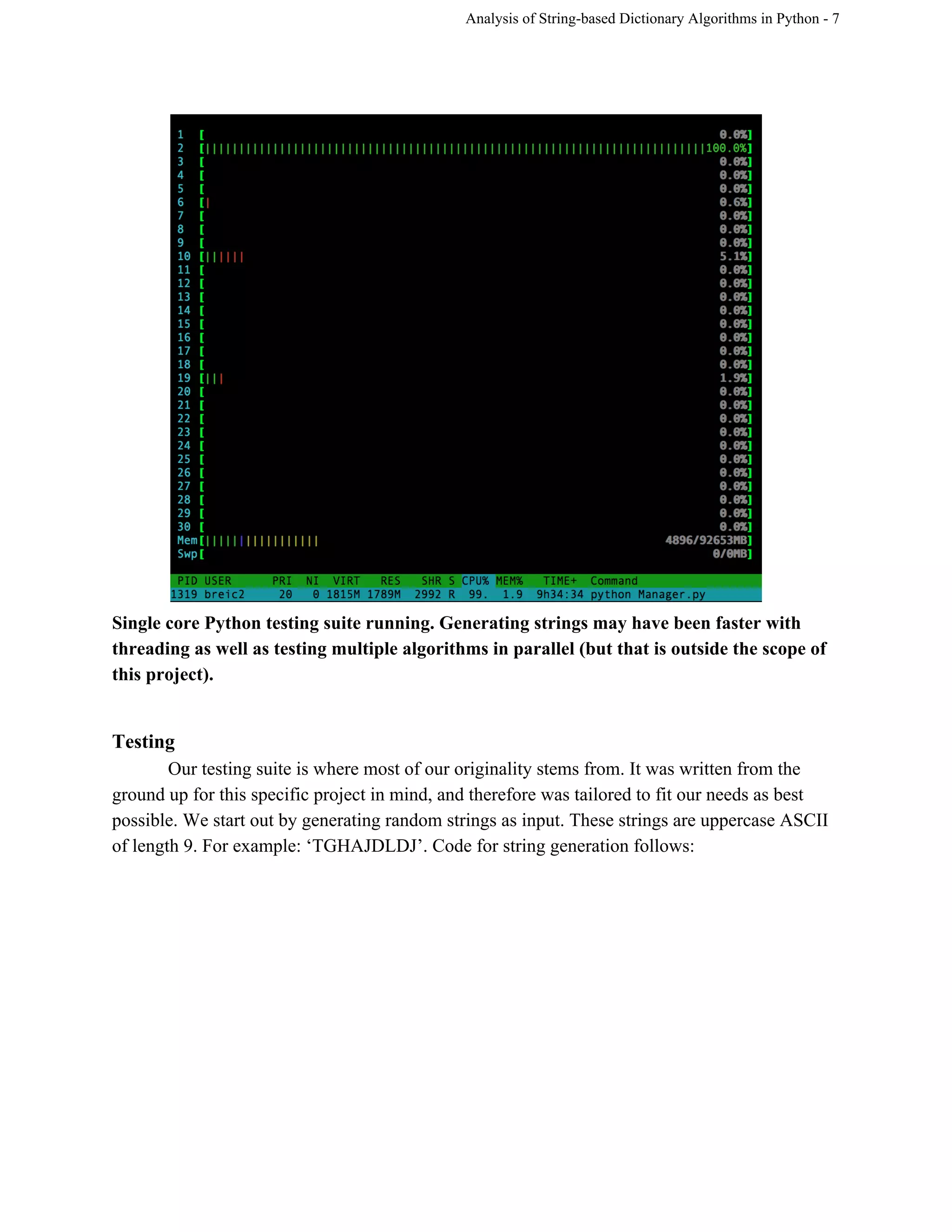Analysis of String­based Dictionary Algorithms in Python ­ 7 
 
Single core Python testing suite running. Generating strings may have been faster with 
threading as well as testing multiple algorithms in parallel (but that is outside the scope of 
this project).  
 
Testing 
Our testing suite is where most of our originality stems from. It was written from the 
ground up for this specific project in mind, and therefore was tailored to fit our needs as best 
possible. We start out by generating random strings as input. These strings are uppercase ASCII 
of length 9. For example: ‘TGHAJDLDJ’. Code for string generation follows: 
 
 
 
 