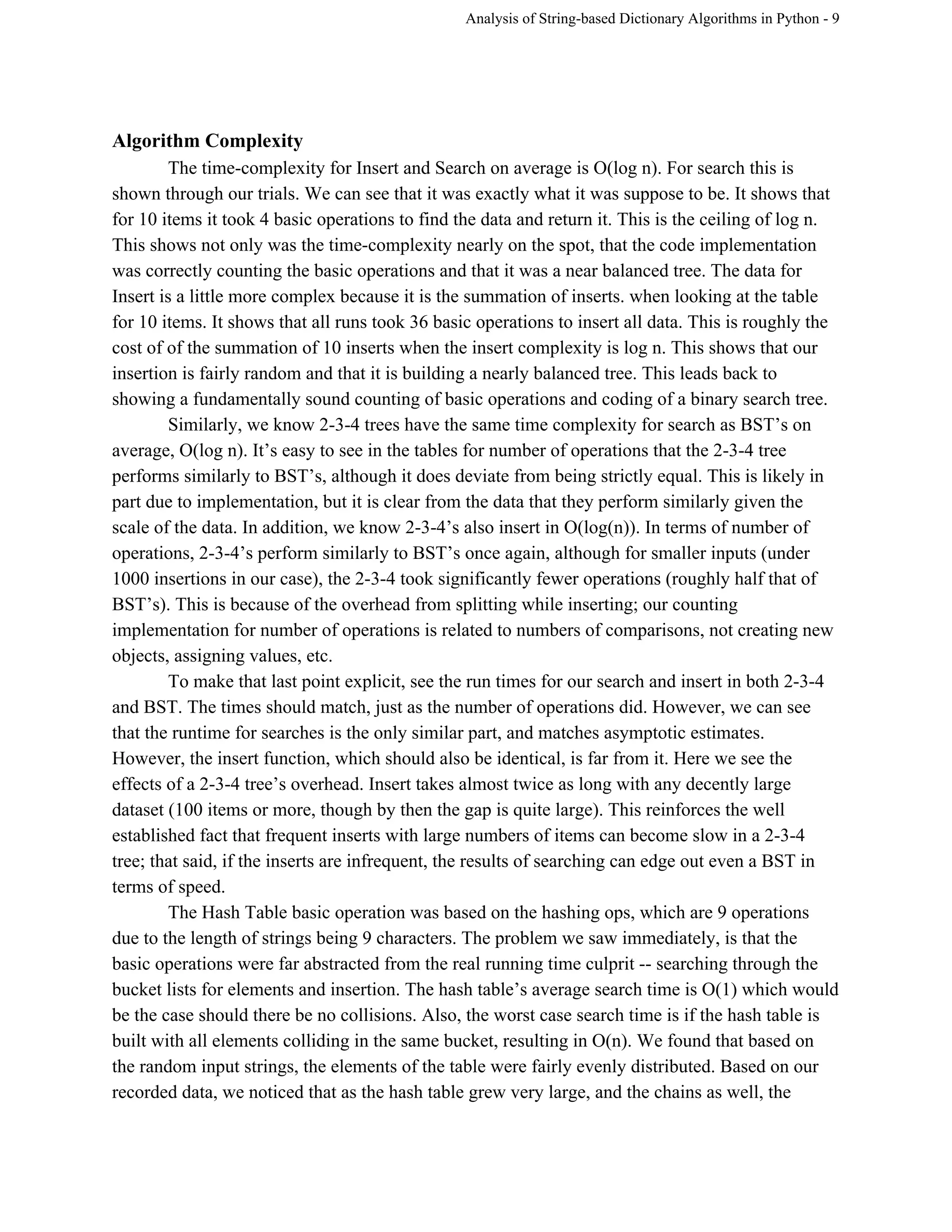 Analysis of String­based Dictionary Algorithms in Python ­ 9 
Algorithm Complexity 
The time­complexity for Insert and Search on average is O(log n). For search this is 
shown through our trials. We can see that it was exactly what it was suppose to be. It shows that 
for 10 items it took 4 basic operations to find the data and return it. This is the ceiling of log n. 
This shows not only was the time­complexity nearly on the spot, that the code implementation 
was correctly counting the basic operations and that it was a near balanced tree. The data for 
Insert is a little more complex because it is the summation of inserts. when looking at the table 
for 10 items. It shows that all runs took 36 basic operations to insert all data. This is roughly the 
cost of of the summation of 10 inserts when the insert complexity is log n. This shows that our 
insertion is fairly random and that it is building a nearly balanced tree. This leads back to 
showing a fundamentally sound counting of basic operations and coding of a binary search tree. 
Similarly, we know 2­3­4 trees have the same time complexity for search as BST’s on 
average, O(log n). It’s easy to see in the tables for number of operations that the 2­3­4 tree 
performs similarly to BST’s, although it does deviate from being strictly equal. This is likely in 
part due to implementation, but it is clear from the data that they perform similarly given the 
scale of the data. In addition, we know 2­3­4’s also insert in O(log(n)). In terms of number of 
operations, 2­3­4’s perform similarly to BST’s once again, although for smaller inputs (under 
1000 insertions in our case), the 2­3­4 took significantly fewer operations (roughly half that of 
BST’s). This is because of the overhead from splitting while inserting; our counting 
implementation for number of operations is related to numbers of comparisons, not creating new 
objects, assigning values, etc.  
To make that last point explicit, see the run times for our search and insert in both 2­3­4 
and BST. The times should match, just as the number of operations did. However, we can see 
that the runtime for searches is the only similar part, and matches asymptotic estimates. 
However, the insert function, which should also be identical, is far from it. Here we see the 
effects of a 2­3­4 tree’s overhead. Insert takes almost twice as long with any decently large 
dataset (100 items or more, though by then the gap is quite large). This reinforces the well 
established fact that frequent inserts with large numbers of items can become slow in a 2­3­4 
tree; that said, if the inserts are infrequent, the results of searching can edge out even a BST in 
terms of speed. 
The Hash Table basic operation was based on the hashing ops, which are 9 operations 
due to the length of strings being 9 characters. The problem we saw immediately, is that the 
basic operations were far abstracted from the real running time culprit ­­ searching through the 
bucket lists for elements and insertion. The hash table’s average search time is O(1) which would 
be the case should there be no collisions. Also, the worst case search time is if the hash table is 
built with all elements colliding in the same bucket, resulting in O(n). We found that based on 
the random input strings, the elements of the table were fairly evenly distributed. Based on our 
recorded data, we noticed that as the hash table grew very large, and the chains as well, the 
 