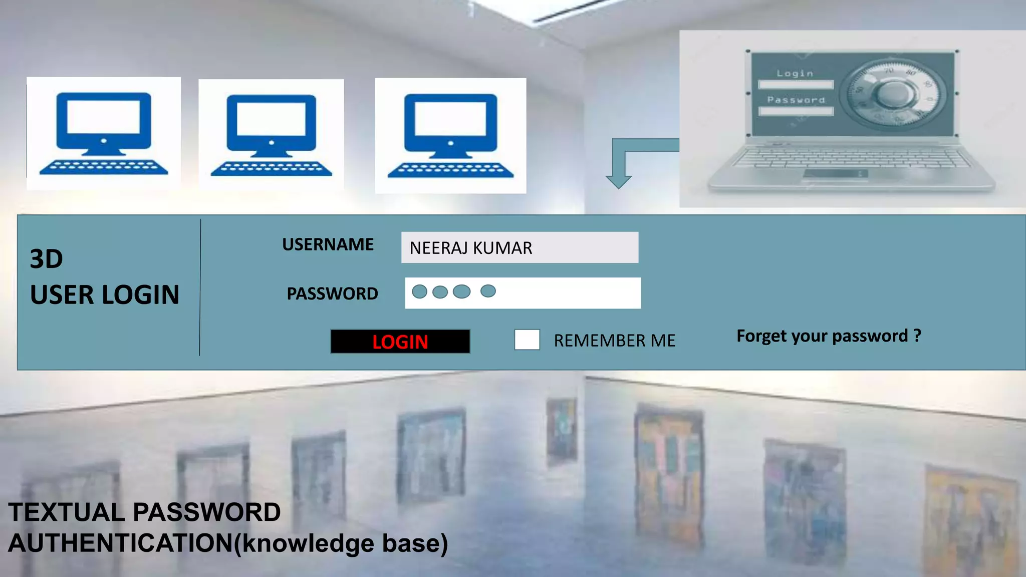 USERNAME
3D
USER LOGIN
NEERAJ KUMAR
PASSWORD
TEXTUAL PASSWORD
AUTHENTICATION(knowledge base)
LOGIN REMEMBER ME Forget your password ?
 