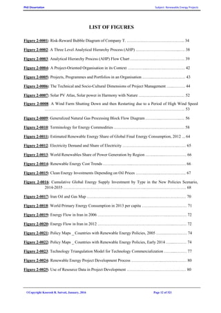 PhD Dissertation Subject: Renewable Energy Projects
©Copyright Koorosh R. Satvati, January, 2016 Page 12 of 321
LIST OF FIGURES
Figure 2-0001: Risk-Reward Bubble Diagram of Company T. ………………………….………... 34
Figure 2-0002: A Three Level Analytical Hierarchy Process (AHP) …………………………...…. 38
Figure 2-0003: Analytical Hierarchy Process (AHP) Flow Chart …………………………………. 39
Figure 2-0004: A Project-Oriented Organisation in its Context …………...………….…………… 42
Figure 2-0005: Projects, Programmes and Portfolios in an Organisation ……..…………………… 43
Figure 2-0006: The Technical and Socio-Cultural Dimensions of Project Management …..……… 44
Figure 2-0007: Solar PV Atlas, Solar power in Harmony with Nature ………….………………… 52
Figure 2-0008: A Wind Farm Shutting Down and then Restarting due to a Period of High Wind Speed
…………………………………………………………………………………………. 53
Figure 2-0009: Generalized Natural Gas Processing Block Flow Diagram ………...…………...… 56
Figure 2-0010: Terminology for Energy Commodities …………………….……………………… 58
Figure 2-0011: Estimated Renewable Energy Share of Global Final Energy Consumption, 2012 ... 64
Figure 2-0012: Electricity Demand and Share of Electricity …………………………………..…… 65
Figure 2-0013: World Renewables Share of Power Generation by Region ……..…..……………… 66
Figure 2-0014: Renewable Energy Cost Trends ……..…………..……………….………………… 66
Figure 2-0015: Clean Energy Investments Depending on Oil Prices ……..……….………….……. 67
Figure 2-0016: Cumulative Global Energy Supply Investment by Type in the New Policies Scenario,
2014-2035 ……………………………………..……………..………………………… 68
Figure 2-0017: Iran Oil and Gas Map ……………..……………………...………………………… 70
Figure 2-0018: World Primary Energy Consumption in 2013 per capita …………………………… 71
Figure 2-0019: Energy Flow in Iran in 2006 ……………………………………..…….…………… 72
Figure 2-0020: Energy Flow in Iran in 2012 ………………………………………………..…….… 72
Figure 2-0021: Policy Maps _ Countries with Renewable Energy Policies, 2005 ……..…………… 74
Figure 2-0022: Policy Maps _ Countries with Renewable Energy Policies, Early 2014 …....……… 74
Figure 2-0023: Technology Triangulation Model for Technology Commercialization ……..……… 77
Figure 2-0024: Renewable Energy Project Development Process …………………..……………… 80
Figure 2-0025: Use of Resource Data in Project Development …………………..………………… 80
 