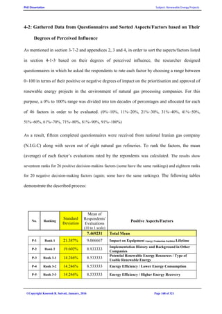 PhD Dissertation Subject: Renewable Energy Projects
©Copyright Koorosh R. Satvati, January, 2016 Page 168 of 321
4-2: Gathered Data from Questionnaires and Sorted Aspects/Factors based on Their
Degrees of Perceived Influence
As mentioned in section 3-7-2 and appendices 2, 3 and 4, in order to sort the aspects/factors listed
in section 4-1-3 based on their degrees of perceived influence, the researcher designed
questionnaires in which he asked the respondents to rate each factor by choosing a range between
0~100 in terms of their positive or negative degrees of impact on the prioritisation and approval of
renewable energy projects in the environment of natural gas processing companies. For this
purpose, a 0% to 100% range was divided into ten decades of percentages and allocated for each
of 46 factors in order to be evaluated. (0%~10%, 11%~20%, 21%~30%, 31%~40%, 41%~50%,
51%~60%, 61%~70%, 71%~80%, 81%~90%, 91%~100%)
As a result, fifteen completed questionnaires were received from national Iranian gas company
(N.I.G.C) along with seven out of eight natural gas refineries. To rank the factors, the mean
(average) of each factor’s evaluations rated by the repondents was calculated. The results show
seventeen ranks for 26 positive decision-makins factors (some have the same rankings) and eighteen ranks
for 20 negative decision-making factors (again; some have the same rankings). The following tables
demonstrate the described process:
No. Ranking
Standard
Deviation
Mean of
Respondents'
Evaluations
(10 to 1 scale)
Positive Aspects/Factors
7.469231 Total Mean
P-1 Rank 1 21.387% 9.066667 Impact on Equipment Energy Production Facilities Lifetime
P-2 Rank 2 19.602% 8.933333
Implementation History and Background in Other
Companies
P-3 Rank 3-1 14.246% 8.533333
Potential Renewable Energy Resources / Type of
Usable Renewable Energy
P-4 Rank 3-2 14.246% 8.533333 Energy Efficiency / Lower Energy Consumption
P-5 Rank 3-3 14.246% 8.533333 Energy Efficiency / Higher Energy Recovery
 