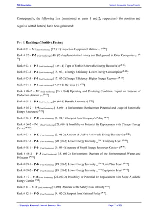 PhD Dissertation Subject: Renewable Energy Projects
©Copyright Koorosh R. Satvati, January, 2016 Page 171 of 321
Consequently, the following lists (mentioned as parts 1 and 2; respectively for positive and
negative sorted factors) have been generated:
Part 1: Ranking of Positive Factors
Rank # 01 – P-1 (Final Numbering) [27. (11) Impact on Equipment Lifetime (+)
(P-20)
]
Rank # 02 – P-2 (Final Numbering) [40. (15) Implementation History and Background in Other Companies (+)
(P-
21)
]
Rank # 03-1 – P-3 (Final Numbering) [1. (01-1) Type of Usable Renewable Energy Resource(s) (P-1)
]
Rank # 03-2 – P-4 (Final Numbering) [16. (07-1) Energy Efficiency: Lower Energy Consumption (P-12)
]
Rank # 03-3 – P-5 (Final Numbering) [17. (07-2) Energy Efficiency: Higher Energy Recovery (P-13)
]
Rank # 04-1 – P-6 (Final Numbering) [7. (04-2) Revenue (+) (P-7)
]
Rank # 04-2 – P-7 (Final Numbering) [26. (10-4) Operating and Producing Condition: Impact on Increase of
Production Amount (+)
(P-19)
]
Rank # 05-1 – P-8 (Final Numbering) [6. (04-1) Benefit Amount (+) (P-6)
]
Rank # 05-2 – P-9 (Final Numbering) [14. (06-1) Environment: Replacement Potential and Usage of Renewable
Energy Resources (P-10)
]
Rank # 06-1 – P-10 (Final Numbering) [3. (02-1) Support from Company's Policy (P-3)
]
Rank # 06-2 – P-11 (Final Numbering) [21. (09-1) Possibility or Potential for Replacement with Cheaper Energy
Carrier (P-17)
]
Rank # 07-1 – P-12 (Final Numbering) [2. (01-2) Amount of Usable Renewable Energy Resource(s) (P-2)
]
Rank # 07-2 – P-13 (Final Numbering) [20. (08-3) Lower Energy Intensity _ (3rd.)
Company Level (P-16)
]
Rank # 08-1 – P-14 (Final Numbering) [9. (04-4) Increase of Fossil Energy Resources Costs (+) (P-9)
]
Rank # 08-2 – P-15 (Final Numbering) [15. (06-2) Environment: Decrease of the Environmental Wastes and
Pollutants (P-11)
]
Rank # 09-1 – P-16 (Final Numbering) [19. (08-2) Lower Energy Intensity _ (2nd.)
Unit/Plant Level (P-15)
]
Rank # 09-2 – P-17 (Final Numbering) [18. (08-1) Lower Energy Intensity _ (1st.)
Equipment Level (P-14)
]
Rank # 10 – P-18 (Final Numbering) [22. (09-2) Possibility or Potential for Replacement with More Available
Energy Carrier (P-18)
]
Rank # 11 – P-19 (Final Numbering) [5. (03) Decrease of the Safety Risk Intensity (P-5)
]
Rank # 12-1 – P-20 (Final Numbering) [4. (02-2) Support from National Policy (P-4)
]
 