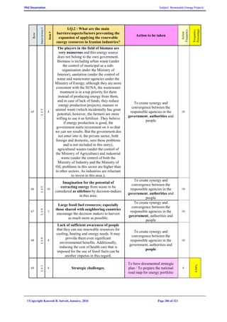 PhD Dissertation Subject: Renewable Energy Projects
©Copyright Koorosh R. Satvati, January, 2016 Page 206 of 321
Row
Interviewee#
item#
I.Q.2 - What are the main
barriers/aspects/factors preventing the
expansion of applying the renewable
energy resources in Iranian industries?
Action to be taken
Action
Frequency
Frequency
Percentage
65
I.#5
4
The players in the field of biomass are
very numerous and this energy source
does not belong to the own government.
Biomass is including urban waste (under
the control of municipal as a sub-
organisation under the Ministry of
Interior), sanitation (under the control of
water and wastewater agencies under the
Ministry of Energy; although they are more
consistent with the SUNA, the wastewater
treatment is in a top priority for them
instead of producing energy from them,
and in case of lack of funds, they reduce
energy production projects), manure or
animal waste (which incidentally has great
potential, however, the farmers are more
willing to use it as fertilizer. They believe
if energy production is good, the
government starts investment on it so that
we can see results. But the government dos
not enter into it, the private sector, both
foreign and domestic, sees these problems
and is not included in this story),
agricultural wastes (under the control of
the Ministry of Agriculture) and industrial
waste (under the control of both the
Ministry of Industry and the Ministry of
Oil; problems in this sector are higher than
in other sectors. As industries are reluctant
to invest in this area.);
To create synergy and
convergence between the
responsible agencies in the
government, authorities and
people
10
66
I.#5
10
Imagination for the potential of
extracting energy from waste to be
considered as sidelines by decision-makers
in this area;
To create synergy and
convergence between the
responsible agencies in the
government, authorities and
people
10
67
I.#9
2
Large fossil fuel resources; especially
those shared with neighboring countries
encourage the decision makers to harvest
as much more as possible;
To create synergy and
convergence between the
responsible agencies in the
government, authorities and
people
10
68
I.#9
4
Lack of sufficient awareness of people
that they can use renewable resources for
cooling, heating and energy needs. It may
provide them even significant
environmental benefits. Additionally,
reducing the cost of health care that is
imposed for the use of fossil fuels can be
another impetus in this regard;
To create synergy and
convergence between the
responsible agencies in the
government, authorities and
people
10
69
I.#1
4 Strategic challenges;
To have documented strategic
plan / To prepare the national
road map for energy portfolio
4
4.94%
 
