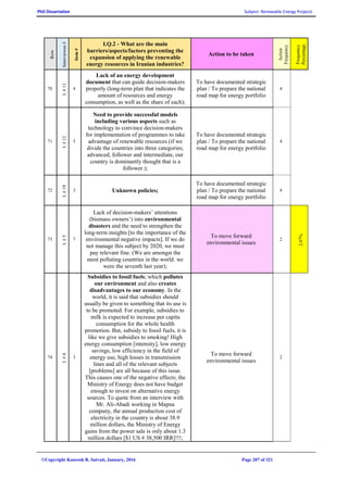 PhD Dissertation Subject: Renewable Energy Projects
©Copyright Koorosh R. Satvati, January, 2016 Page 207 of 321
Row
Interviewee#
item#
I.Q.2 - What are the main
barriers/aspects/factors preventing the
expansion of applying the renewable
energy resources in Iranian industries?
Action to be taken
Action
Frequency
Frequency
Percentage
70
I.#11
4
Lack of an energy development
document that can guide decision-makers
properly (long-term plan that indicates the
amount of resources and energy
consumption, as well as the share of each);
To have documented strategic
plan / To prepare the national
road map for energy portfolio
4
71
I.#12
5
Need to provide successful models
including various aspects such as
technology to convince decision-makers
for implementation of programmes to take
advantage of renewable resources (if we
divide the countries into three categories;
advanced, follower and intermediate, our
country is dominantly thought that is a
follower.);
To have documented strategic
plan / To prepare the national
road map for energy portfolio
4
72
I.#19
3 Unknown policies;
To have documented strategic
plan / To prepare the national
road map for energy portfolio
4
73
I.#5
7
Lack of decision-makers’ attentions
(biomass owners’) into environmental
disasters and the need to strengthen the
long-term insights [to the importance of the
environmental negative impacts]. If we do
not manage this subject by 2020, we must
pay relevant fine. (We are amongst the
most polluting countries in the world. we
were the seventh last year);
To move forward
environmental issues
2
2.47%
74
I.#8
3
Subsidies to fossil fuels; which pollutes
our environment and also creates
disadvantages to our economy. In the
world, it is said that subsidies should
usually be given to something that its use is
to be promoted. For example, subsidies to
milk is expected to increase per capita
consumption for the whole health
promotion. But, subsidy to fossil fuels, it is
like we give subsidies to smoking! High
energy consumption [intensity], low energy
savings, low efficiency in the field of
energy use, high losses in transmission
lines and all of the relevant subjects
[problems] are all because of this issue.
This causes one of the negative effects; the
Ministry of Energy does not have budget
enough to invest on alternative energy
sources. To quote from an interview with
Mr. Ali-Abadi working in Mapna
company, the annual production cost of
electricity in the country is about 38.9
million dollars, the Ministry of Energy
gains from the power sale is only about 1.3
million dollars [$1 US # 38,500 IRR]!!!;
To move forward
environmental issues
2
 