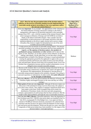 PhD Dissertation Subject: Renewable Energy Projects
©Copyright Koorosh R. Satvati, January, 2016 Page 210 of 321
4-3-4: Interview Question 3, Answers and Analysis
Row
Interviewee
#
I.Q.3 - How far may the perception/vision of the decision makers
influence on the process of decision making towards implementing the
renewable energy projects (according to your own experience and/or
the relevant existent history)?
Very High (70%)
High (10%)
Medium (10%)
None (10%)
1
I.#1
It is very important. As an example - the appointment of Mr. Chitchian as
the Iranian Minister of Energy and positive changes in the field of
management with respect to his personal experience in the renewable
energies from 1995 -; now, with the exception of the minister himself, other
senior managers in Ministry of Energy and TAVANIR do not believe
deeply in the field of renewable energies. They consider only the
responsibility of delivering power to the people and believe that their
reputation depends on the power supply amount and no power outage.
[Actually,] they desire to supply the demanded power out of the most
available and accessible technology.
Very High
2
I.#2
A single person does not decide on renewable energy matters. The process
proceeds according to the technical documents that have been prepared by
experts, and the opinions of decision-makers, the members of
parliament's energy commission and other sectors will be taken in this
regard, as well. Therefore, we see that a person cannot influence on decision
making, individually. On the other hand, we see that when a formal
command/order on behalf of the Minister of Energy is issued and published
creating the appropriate ground for the applicants to apply in the case of
construction permits and licenses, has made investors even from abroad,
come and participate. Because fossil fuels will eventually finish. Even if not
finished, due to population increase and the resulted contamination, we are
obliged to move towards renewable energies.
Medium
3
I.#3
Because at the moment, there is no national strategic document for the use
of renewable energy unanimously accepted by the experts and approved by
the directors, the implementation, development or slowing down of
renewable energy projects depend on the mentality of people. (According to
personal experience or information). In other words, it is easily influenced
by the thoughts of individuals.
Very High
4
I.#4
It is very effective. (As per the special attention the Minister of Energy; Mr.
Chitchian, highly encouraged investors to the issue and they are widely
coming.)
Very High
5
I.#5
Their points of view are very important. Although all decision makers are
fully aware of the potential of energy recovery from waste, this subject is
not as their main concern. They suppose it marginal. Significant efforts have
been made to alert them. Some [examples] that can be noted: the
distribution of brochures, books, television and radio programmes,
seminars, representation of a pilot project that has been carried out. (But the
weight of their daily problems outweigh the issue of renewable resources.)
Very High
6
I.#6
Yes, yes, it is 100% effective. (Personal experience: Since the beginning of
the revolution until 2013, 300 kW solar power plant was installed in Iran. In
July 2013, at paragraph 69 of the Budget Law, it was approved that an
amount of 30 IRR per kilowatt electricity consumed to be collected from
customers and that income to be spent on the development of clean energy
and rural power grid development. Within just the past two years, more than
7 megawatts of solar power plants have been installed. It is the impact of the
decision makers’ vision [perception].)
Very High
 