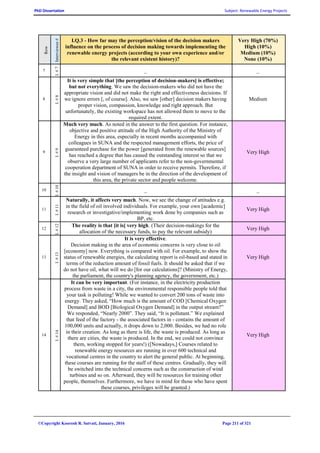 PhD Dissertation Subject: Renewable Energy Projects
©Copyright Koorosh R. Satvati, January, 2016 Page 211 of 321
Row
Interviewee#
I.Q.3 - How far may the perception/vision of the decision makers
influence on the process of decision making towards implementing the
renewable energy projects (according to your own experience and/or
the relevant existent history)?
Very High (70%)
High (10%)
Medium (10%)
None (10%)
7
I.#7
_ _
8
I.#8
It is very simple that [the perception of decision-makers] is effective;
but not everything. We saw the decision-makers who did not have the
appropriate vision and did not make the right and effectiveness decisions. If
we ignore errors [, of course]. Also, we saw [other] decision makers having
proper vision, compassion, knowledge and right approach. But
unfortunately, the existing workspace has not allowed them to move to the
required extent.
Medium
9
I.#9
Much very much. As noted in the answer to the first question. For instance,
objective and positive attitude of the High Authority of the Ministry of
Energy in this area, especially in recent months accompanied with
colleagues in SUNA and the respected management efforts, the price of
guaranteed purchase for the power [generated from the renewable sources]
has reached a degree that has caused the outstanding interest so that we
observe a very large number of applicants refer to the non-governmental
cooperation department of SUNA in order to receive permits. Therefore, if
the insight and vision of managers be in the direction of the development of
this area, the private sector and people welcome.
Very High
10
I.#10
_ _
11
I.#11
Naturally, it affects very much. Now, we see the change of attitudes e.g.
in the field of oil involved individuals. For example, your own [academic]
research or investigative/implementing work done by companies such as
BP, etc.
Very High
12
I.#12
The reality is that [it is] very high. (Their decision-makings for the
allocation of the necessary funds, to pay the relevant subsidy)
Very High
13
I.#13
It is very effective.
Decision making in the area of economic concerns is very close to oil
[economy] now. Everything is compared with oil. For example, to show the
status of renewable energies, the calculating report is oil-based and stated in
terms of the reduction amount of fossil fuels. It should be asked that if we
do not have oil, what will we do [for our calculations]? (Ministry of Energy,
the parliament, the country's planning agency, the government, etc.)
Very High
14
I.#14
It can be very important. (For instance, in the electricity production
process from waste in a city, the environmental responsible people told that
your task is polluting! While we wanted to convert 200 tons of waste into
energy. They asked, “How much is the amount of COD [Chemical Oxygen
Demand] and BOD [Biological Oxygen Demand] in the output stream?”
We responded, “Nearly 2000”. They said, “It is pollutant.” We explained
that feed of the factory - the associated factors in - contains the amount of
100,000 units and actually, it drops down to 2,000. Besides, we had no role
in their creation. As long as there is life, the waste is produced. As long as
there are cities, the waste is produced. In the end, we could not convince
them, working stopped for years!) ([Nowadays,] Courses related to
renewable energy resources are running in over 600 technical and
vocational centres in the country to alert the general public. At beginning,
these courses are running for the staff of these centres. Gradually, they will
be switched into the technical concerns such as the construction of wind
turbines and so on. Afterward, they will be resources for training other
people, themselves. Furthermore, we have in mind for those who have spent
these courses, privileges will be granted.)
Very High
 