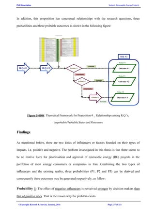 PhD Dissertation Subject: Renewable Energy Projects
©Copyright Koorosh R. Satvati, January, 2016 Page 237 of 321
In addition, this proposition has conceptual relationships with the research questions, three
probabilities and three probable outcomes as shown in the following figure:
Figure 5-0004: Theoretical Framework for Proposition-9 _ Relationships among R.Q.’s,
Improbable/Probable Status and Outcomes
Findings:
As mentioned before, there are two kinds of influencers or factors founded on their types of
impacts, i.e. positive and negative. The problem investigated in this thesis is that there seems to
be no motive force for prioritisation and approval of renewable energy (RE) projects in the
portfolios of most energy consumers or companies in Iran. Combining the two types of
influencers and the existing reality, three probabilities (P1, P2 and P3) can be derived and
consequently three outcomes may be generated respectively; as follow:
Probability 1: The effect of negative influencers is perceived stronger by decision makers than
that of positive ones. That is the reason why the problem exists.
 