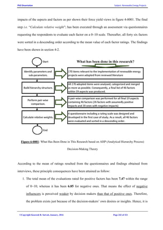 PhD Dissertation Subject: Renewable Energy Projects
©Copyright Koorosh R. Satvati, January, 2016 Page 242 of 321
impacts of the aspects and factors as per shown their force yield views in figure 4-0001. The final
step i.e. “Calculate relative weight”; has been executed through an assessment via questionnaires
requesting the respondents to evaluate each factor on a 0~10 scale. Thereafter, all forty six factors
were sorted in a descending order according to the mean value of each factor ratings. The findings
have been shown in section 4-2.
Figure 6-0001: What Has Been Done in This Research based on AHP (Analytical Hierarchy Process)
Decision-Making Theory
According to the mean of ratings resulted from the questionnaires and findings obtained from
interviews, these principle consequences have been attained as follow:
1. The total mean of the evaluations rated for positive factors has been 7.47 within the range
of 0~10; whereas it has been 6.85 for negative ones. That means the effect of negative
influencers is perceived weaker by decision makers than that of positive ones. Therefore,
the problem exists just because of the decision-makers’ own desires or insights. Hence, it is
 