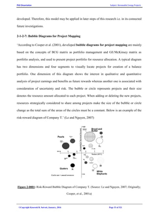 PhD Dissertation Subject: Renewable Energy Projects
©Copyright Koorosh R. Satvati, January, 2016 Page 33 of 321
developed. Therefore, this model may be applied in later steps of this research i.e. in its connected
future investigations.
2-1-2-7: Bubble Diagrams for Project Mapping
‘According to Cooper et al. (2001), developed bubble diagrams for project mapping are mainly
based on the concepts of BCG matrix as portfolio management and GE/McKinsey matrix as
portfolio analysis, and used to present project portfolio for resource allocation. A typical diagram
has two dimensions and four segments to visually locate projects for creation of a balance
portfolio. One dimension of this diagram shows the interest in qualitative and quantitative
analysis of project earnings and benefits as future rewards whereas another one is associated with
consideration of uncertainty and risk. The bubble or circle represents projects and their size
denotes the resource amount allocated to each project. When adding or deleting the new projects,
resources strategically considered to share among projects make the size of the bubble or circle
change as the total sum of the areas of the circles must be a constant. Below is an example of the
risk-reward diagram of Company T.’ (Le and Nguyen, 2007)
Figure 2-0001: Risk-Reward Bubble Diagram of Company T. (Source: Le and Nguyen, 2007; Originally;
Cooper, et al., 2001a)
 