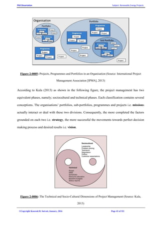 PhD Dissertation Subject: Renewable Energy Projects
©Copyright Koorosh R. Satvati, January, 2016 Page 43 of 321
Figure 2-0005: Projects, Programmes and Portfolios in an Organisation (Source: International Project
Management Association [IPMA], 2013)
According to Kula (2013) as shown in the following figure, the project management has two
equivalent phases, namely; sociocultural and technical phases. Each classification contains several
conceptions. The organisations’ portfolios, sub-portfolios, programmes and projects i.e. missions
actually interact or deal with these two divisions. Consequently, the more completed the factors
grounded on each two i.e. strategy, the more successful the movements towards perfect decision
making process and desired results i.e. vision.
Figure 2-0006: The Technical and Socio-Cultural Dimensions of Project Management (Source: Kula,
2013)
 
