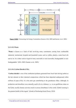 PhD Dissertation Subject: Renewable Energy Projects
©Copyright Koorosh R. Satvati, January, 2016 Page 57 of 321
Figure 2-0010: Terminology for Energy Commodities (Sources: IEA, 2005 and Garnier, et al., 2005)
2-2-1-15: Waste
‘Waste is known as a kind of fuel involving many constituents coming from combustible
industrial, institutional, hospital and household wastes such as rubber, plastics, waste fossil oils
and so on. It is either solid or liquid in form, renewable or non-renewable, biodegradable or non-
biodegradable.’ (IEA, 2005; Garnier, et al., 2005)
2-2-1-16: Carbon Dioxide (CO2)
‘Carbon dioxide is one of the combustion products generated from fossil fuels having carbon as
the key element in their chemical compositions which has been deposited underground within
millions of years (CO2). It is the main gas contributing to the greenhouse effect. Although, its
production and absorbtion were naturally used to be in a balance; i.e. in an equilibrium status on
the Earth, recently human activities result in serious disturbance in the world. Global warming is
the greatest hurdle in this regard.’ (Guide to Purchasing Green Power, 2010)
 