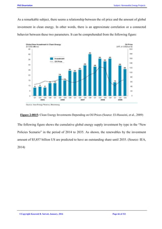 PhD Dissertation Subject: Renewable Energy Projects
©Copyright Koorosh R. Satvati, January, 2016 Page 66 of 321
As a remarkable subject, there seems a relationship between the oil price and the amount of global
investment in clean energy. In other words, there is an approximate correlation or a connected
behavior between these two parameters. It can be comprehended from the following figure:
Figure 2-0015: Clean Energy Investments Depending on Oil Prices (Source: El-Husseini, et al., 2009)
The following figure shows the cumulative global energy supply investment by type in the “New
Policies Scenario” in the period of 2014 to 2035. As shown, the renewables by the investment
amount of $5,857 billion US are predicted to have an outstanding share until 2035. (Source: IEA,
2014)
 