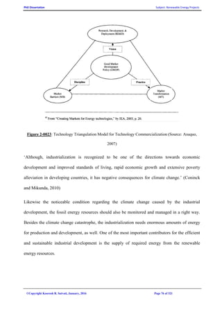 PhD Dissertation Subject: Renewable Energy Projects
©Copyright Koorosh R. Satvati, January, 2016 Page 76 of 321
Figure 2-0023: Technology Triangulation Model for Technology Commercialization (Source: Asuquo,
2007)
‘Although, industrialization is recognized to be one of the directions towards economic
development and improved standards of living, rapid economic growth and extensive poverty
alleviation in developing countries, it has negative consequences for climate change.’ (Coninck
and Mikunda, 2010)
Likewise the noticeable condition regarding the climate change caused by the industrial
development, the fossil energy resources should also be monitored and managed in a right way.
Besides the climate change catastrophe, the industrialization needs enormous amounts of energy
for production and development, as well. One of the most important contributors for the efficient
and sustainable industrial development is the supply of required energy from the renewable
energy resources.
 