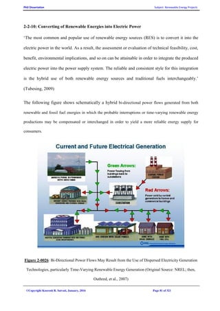 PhD Dissertation Subject: Renewable Energy Projects
©Copyright Koorosh R. Satvati, January, 2016 Page 81 of 321
2-2-10: Converting of Renewable Energies into Electric Power
‘The most common and popular use of renewable energy sources (RES) is to convert it into the
electric power in the world. As a result, the assessment or evaluation of technical feasibility, cost,
benefit, environmental implications, and so on can be attainable in order to integrate the produced
electric power into the power supply system. The reliable and consistent style for this integration
is the hybrid use of both renewable energy sources and traditional fuels interchangeably.’
(Tubesing, 2009)
The following figure shows schematically a hybrid bi-directional power flows generated from both
renewable and fossil fuel energies in which the probable interruptions or time-varying renewable energy
productions may be compensated or interchanged in order to yield a more reliable energy supply for
consumers.
Figure 2-0026: Bi-Directional Power Flows May Result from the Use of Dispersed Electricity Generation
Technologies, particularly Time-Varying Renewable Energy Generation (Original Source: NREL; then,
Outhred, et al., 2007)
 