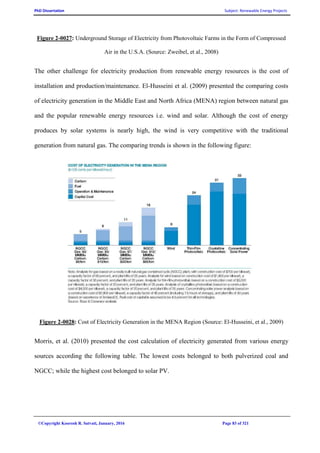 PhD Dissertation Subject: Renewable Energy Projects
©Copyright Koorosh R. Satvati, January, 2016 Page 83 of 321
Figure 2-0027: Underground Storage of Electricity from Photovoltaic Farms in the Form of Compressed
Air in the U.S.A. (Source: Zweibel, et al., 2008)
The other challenge for electricity production from renewable energy resources is the cost of
installation and production/maintenance. El-Husseini et al. (2009) presented the comparing costs
of electricity generation in the Middle East and North Africa (MENA) region between natural gas
and the popular renewable energy resources i.e. wind and solar. Although the cost of energy
produces by solar systems is nearly high, the wind is very competitive with the traditional
generation from natural gas. The comparing trends is shown in the following figure:
Figure 2-0028: Cost of Electricity Generation in the MENA Region (Source: El-Husseini, et al., 2009)
Morris, et al. (2010) presented the cost calculation of electricity generated from various energy
sources according the following table. The lowest costs belonged to both pulverized coal and
NGCC; while the highest cost belonged to solar PV.
 