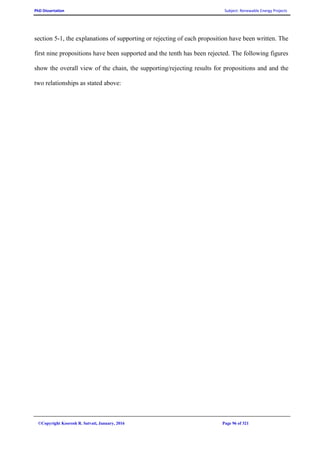 PhD Dissertation Subject: Renewable Energy Projects
©Copyright Koorosh R. Satvati, January, 2016 Page 96 of 321
section 5-1, the explanations of supporting or rejecting of each proposition have been written. The
first nine propositions have been supported and the tenth has been rejected. The following figures
show the overall view of the chain, the supporting/rejecting results for propositions and and the
two relationships as stated above:
 
