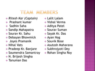  Ritesh Kar (Captain)
 Prashant kumar
 Sadhin Saha
 Sandip Mahapatra
 Sourav Kr. Sahu
 Debayan Bhowmick
 Joyes Pramanik
 Nihal Vats
 Pradeep Kr. Banjare
 Soumendra Samantray
 N. Brijesh Singha
 Tanuman Das
 Lalit Lalam
 Vishal Verma
 Aditya Patel
 Sourav Suman
 Sayak Kr. Das
 Ayan Nag
 Souvik Bose
 Asutosh Maharana
 Subhrojyoti Dey
 Rohan Singha Roy
 