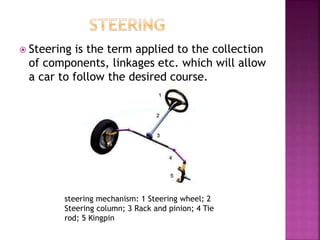  Steering is the term applied to the collection
of components, linkages etc. which will allow
a car to follow the desired course.
steering mechanism: 1 Steering wheel; 2
Steering column; 3 Rack and pinion; 4 Tie
rod; 5 Kingpin
 