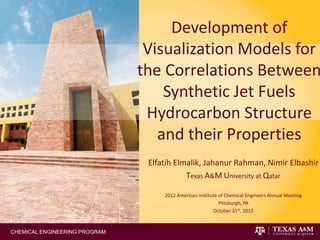 CHEMICAL ENGINEERING PROGRAM
Development of
Visualization Models for
the Correlations Between
Synthetic Jet Fuels
Hydrocarbon Structure
and their Properties
Elfatih Elmalik, Jahanur Rahman, Nimir Elbashir
Texas A&M University at Qatar
2012 American Institute of Chemical Engineers Annual Meeting
Pittsburgh, PA
October 31st, 2012
 