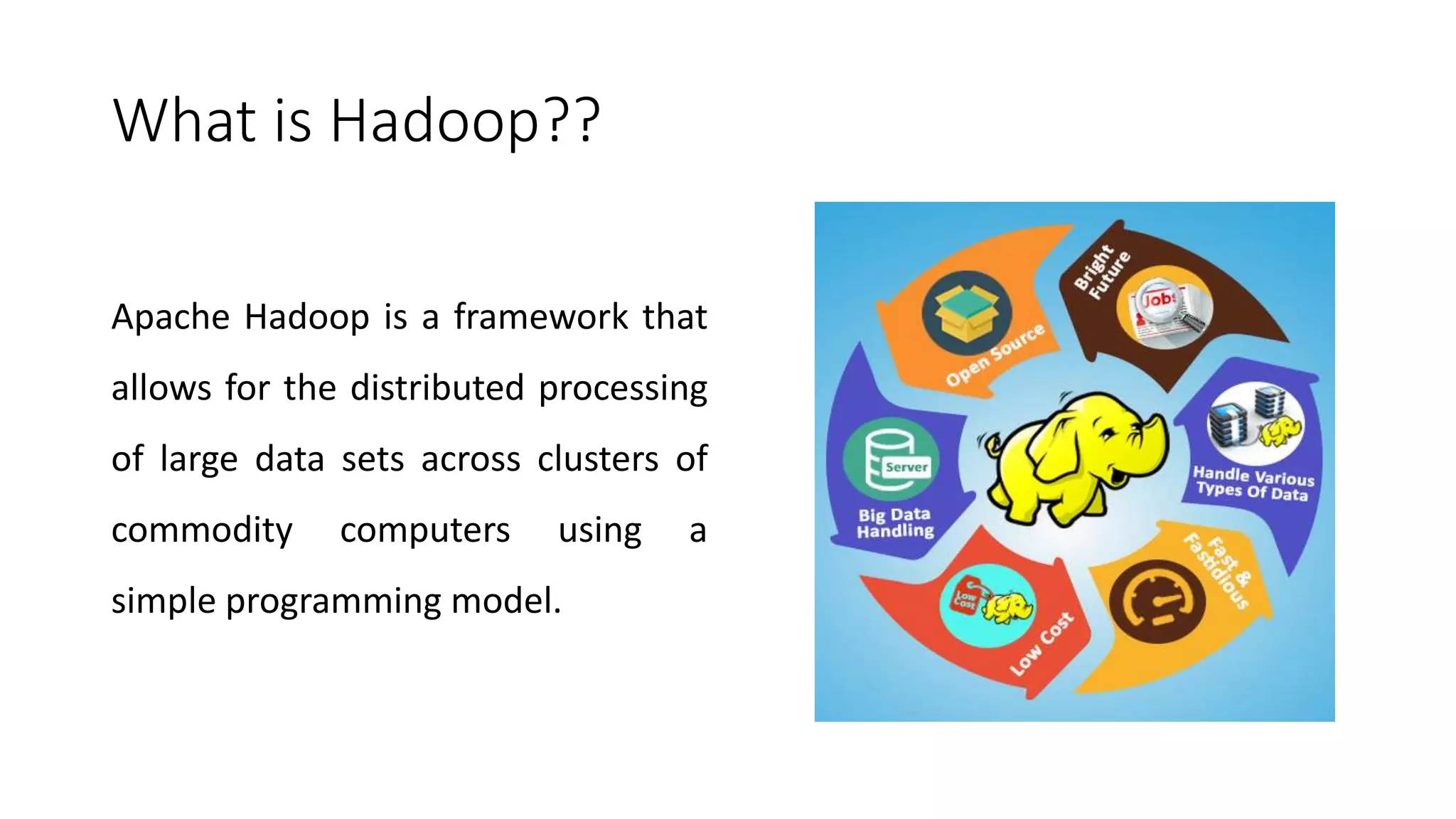 What is Hadoop??
Apache Hadoop is a framework that
allows for the distributed processing
of large data sets across clusters of
commodity computers using a
simple programming model.
 