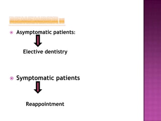  Asymptomatic patients:
Elective dentistry
 Symptomatic patients
Reappointment
 